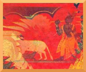 Krishna goes out early in the morning to the green fields of Vrindavana on the banks of the Kalindi driving herds of cattle along with other cowherd companions