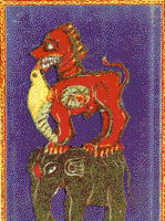 Suka Muni in the guise of a bird is partaking of the nectar of the Lord's Name from the mouth of a lion which is singing the Kirttanas. Upon the back of the Elephant of Sin (Papa Hasti) stands the lion.